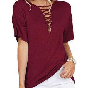 Womens Casual V Neck Short/Long Sleeve Criss Cross T-Shirt